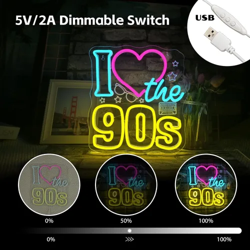 Miniatura 5 de Looklight Letrero de neón con texto en inglés "I Love the 90s", regulable, de regreso a los 90, para decoración de pared, letrero de luz de neón 90
