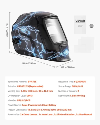 Miniatura 7 de VEVOR Casco de Soldadura de Oscurecimiento Automático, 3.66" x 1.69" Capucha de Soldadura de Color Verdadero, Máscara de Soldador con Energía Solar