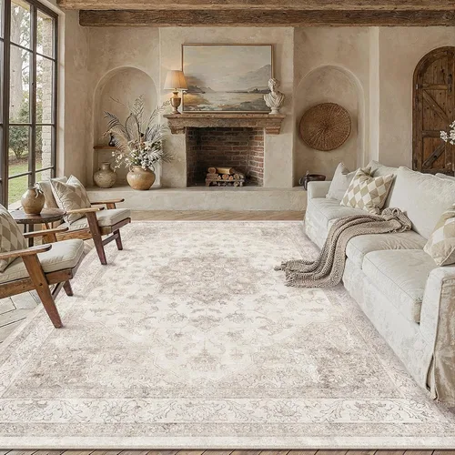 PureCozy - Alfombra de área beige de 8 x 10, lavable, vintage, alfombra para sala de estar, dormitorio, gran alfombra suave retro de pelo bajo,
