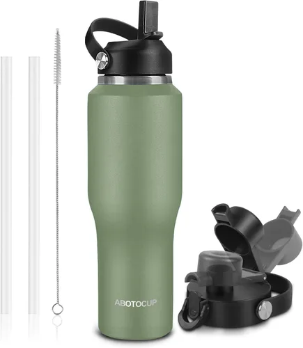 Miniatura 20 de ABOTOCUP Botella de agua de 40 onzas, botella de agua aislada con asa y tapas con popote, botella de agua de acero inoxidable que cabe en cualquier