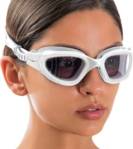 AqtivAqua DX - Gafas de natación con visión amplia para adultos, hombres y mujeres, antiempañamiento y sin fugas Gafas blancas + funda plateada