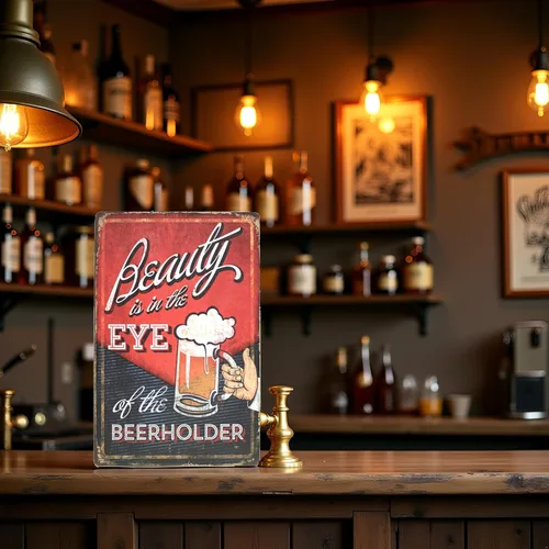 Miniatura 3 de Letrero de metal de lata vintage con texto en inglés "Beauty is in the Eye of the Beerholder", diseño de cerveza