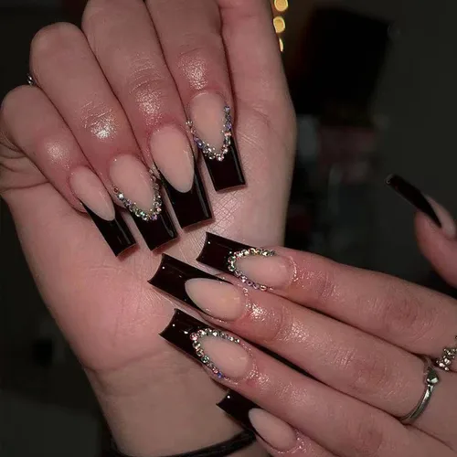 Miniatura 8 de LPOODDNU 24 uñas postizas largas cuadradas a presión, uñas postizas francesas, uñas acrílicas de color rosa brillante, cobertura completa, perlas