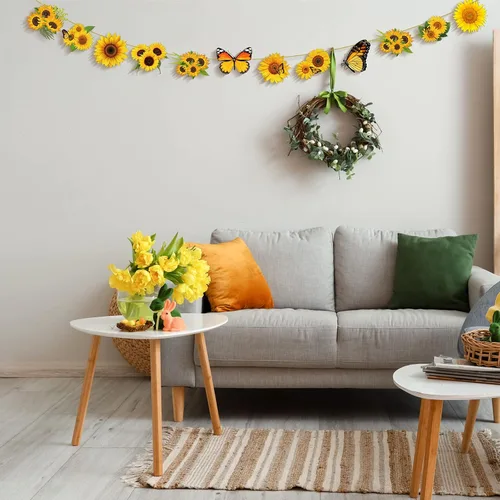 Miniatura 6 de Qunclay 36 piezas de decoración de árbol de girasol, adornos de madera de verano, flores amarillas de primavera, mariposa, adorno colgante de madera