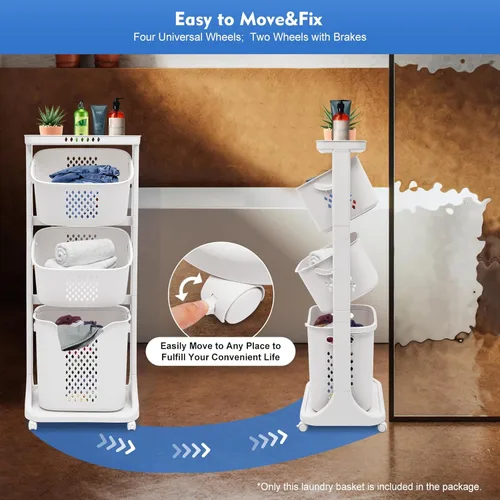 Miniatura 4 de Cesta de almacenamiento de 3 niveles, cesta de lavandería, carrito rodante, cesta de almacenamiento, organizador de cesta de lavandería giratoria