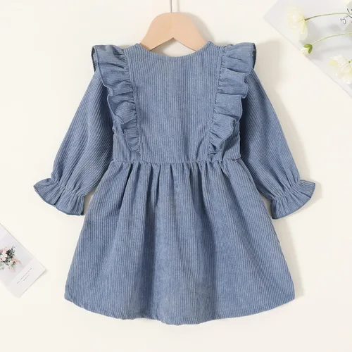 Miniatura 5 de Happy Town Ropa de otoño para niñas pequeñas, vestido de pana de manga larga con volantes con bolsa cruzada y diadema de 1 a 6 años