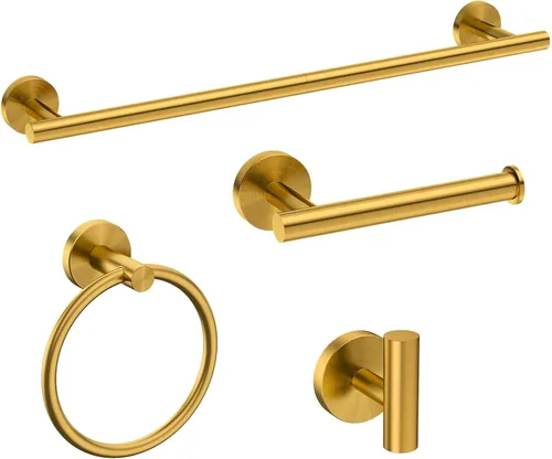 USHOWER Juego de accesorios de baño de oro cepillado, juego de toallero de 24 pulgadas montado en la pared, juego de accesorios de baño de acero Oro