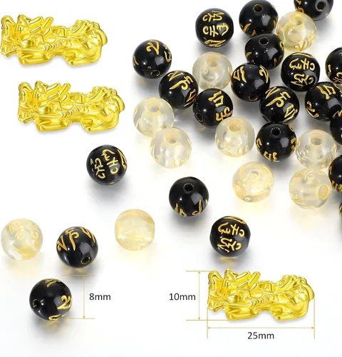 Miniatura 2 de Hicarer 210 cuentas de Feng Shui 2026 Pi Xiu de latón con cuentas de oro chino Pixiu de resina de la suerte redondas sueltas de obsidiana para hacer