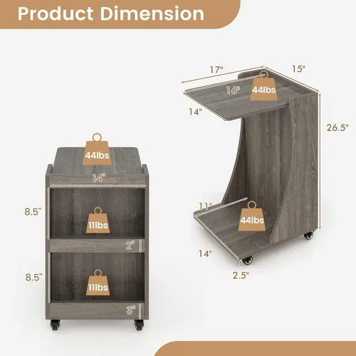 Miniatura 3 de Tangkula Mesa auxiliar en forma de C, mesa auxiliar pequeña para sofá/sofá, mesa auxiliar con compartimento trasero de 3 niveles, ruedas con frenos