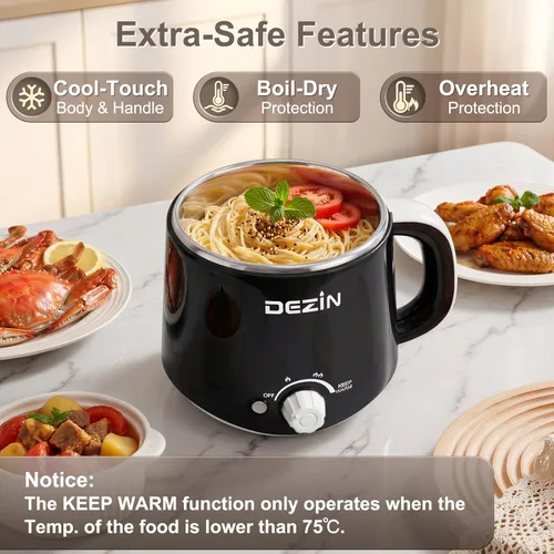 Miniatura 6 de Dezin Olla eléctrica para fideos rápidos, olla eléctrica de acero inoxidable de 1.6 litros, perfecta para ramen, huevo, pasta, albóndigas, sopa