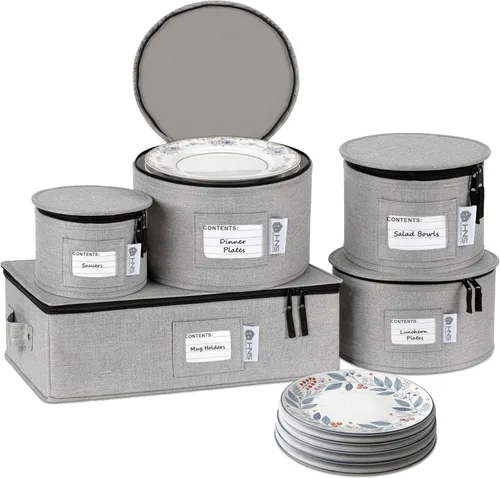 Miniatura 8 de Juego de 5 cajas de almacenamiento de China para vajilla, vasos, platos, tazas y platillos, organizador de platos resistente con divisores
