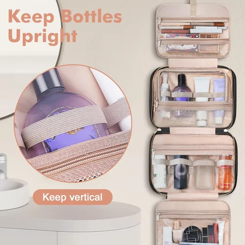 Miniatura 4 de Bolsa de aseo Wedama para mujer, bolsa de viaje grande para cosméticos, bolsa de aseo colgante para baño, bolsa de maquillaje impermeable de PVC Rosa