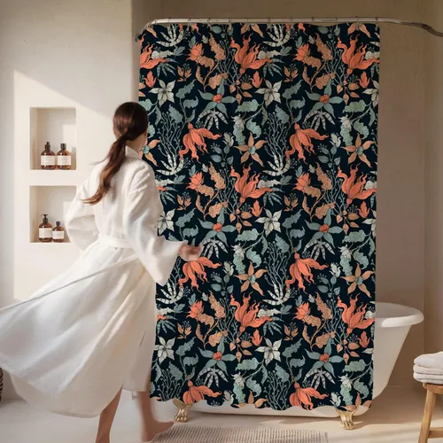 Miniatura 2 de Cortina de ducha con estampado floral coral oscuro - Patrón de flores negras moderno melancólico - Decoración moderna para el hogar - Cortina