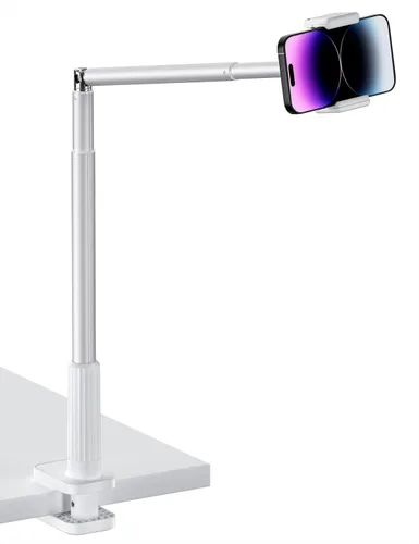 Viozon Soporte para teléfono, brazo largo flexible, montaje superior, ángulo ajustable de 360°, aleación de aluminio, abrazadera C para cabecero,