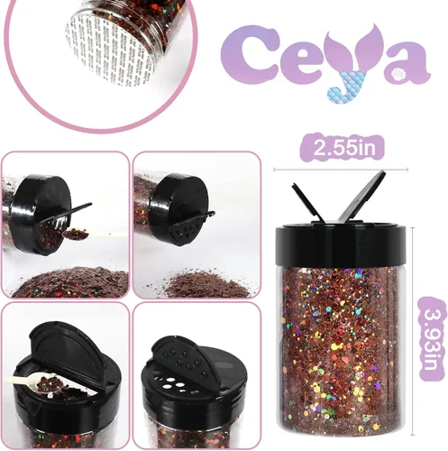 Miniatura 4 de Ceya - Purpurina holográfica gruesa, 140 g / 4.9 oz, polvo de purpurina marrón para manualidades, mezcla de copos gruesos y finos, iridiscente