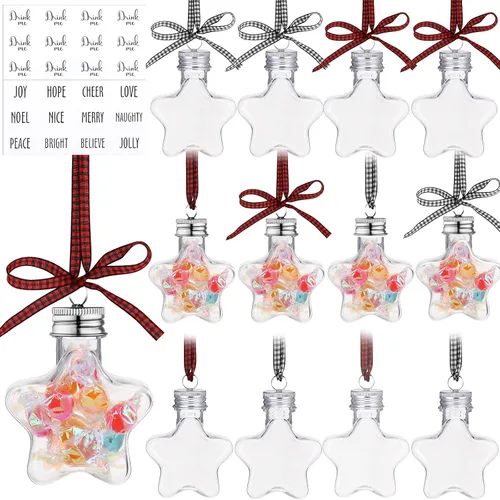 Kajaia 12 bolas de alcohol de Navidad rellenables para árbol de Navidad con calcomanías de cinta a cuadros de búfalo, adornos de plástico