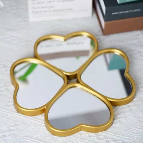 Miniatura 4 de Juego de 3 espejos decorativos de pared pequeños con forma de corazón, espejo decorativo de trébol de cuatro hojas (dorado)