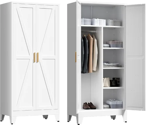 Miniatura 13 de Washsemba 180 cm de armario de metal para casa rural con barra para colgar, 2 armarios de granero con estantes ajustables, cajón, para comedor
