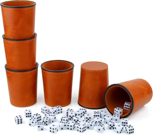 Juego de tazas de dados con forro de fieltro de cuero PU de Reriver, 6 tazas silenciosas mezcladoras de dados con 36 dados para juegos de Bar Party