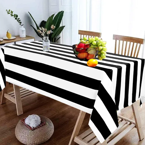 Miniatura 2 de 1 mantel a rayas blancas y negras de plástico impermeable de 54 x 108 pulgadas, fundas de mesa geométricas a rayas para comedor, campamento, picnic