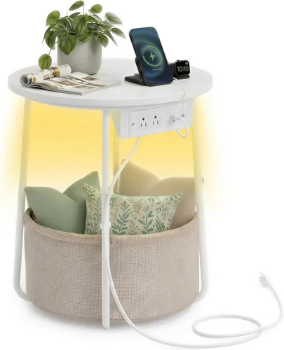Miniatura 12 de VASAGLE Colección LILEA - Mesa auxiliar con estación de carga, mesa auxiliar redonda con cesta de tela, mesita de noche con puertos USB, para sala