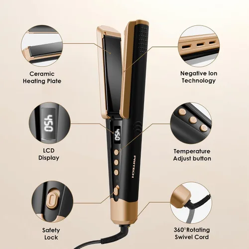 Miniatura 6 de Plancha plana para alisar el cabello, placas de cerámica de 1 3/4 pulgadas de ancho iónico (negro) Dual Voltage Straightener for Thick Hair Women