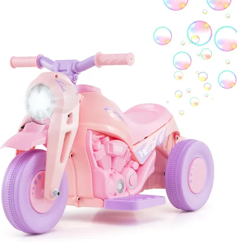 Miniatura 10 de OLAKIDS Motocicleta para niños, de 6 V, juguete eléctrico para montar con función automática de burbujas, pedal de pie, faro, música, vehículo de 3