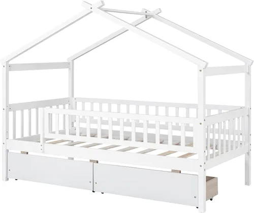Miniatura 5 de Cama de madera de tamaño individual con dos cajones y techo, cama de plataforma con 2 cabeceros, para dormitorio de niños, adolescentes, niñas