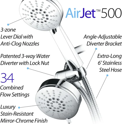 Miniatura 3 de AirJet-500 - Combo de ducha de lujo 3 en 1 de alta presión de 34 ajustes con acelerador de flujo de alta velocidad (TM) para más potencia con menos