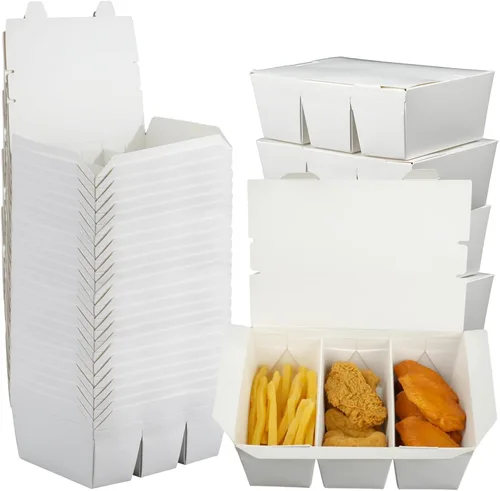 Miniatura 8 de Paquete de 30 recipientes de comida para llevar, 3 compartimentos de 7.5 x 5.4 x 2.6 pulgadas, cajas de papel de pulpa de bambú para llevar