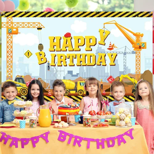 Miniatura 6 de Irenare Fondo de construcción feliz cumpleaños camión volquete fondo excavadora grúa fiesta de cumpleaños banner excavadora excavadora camión fondo