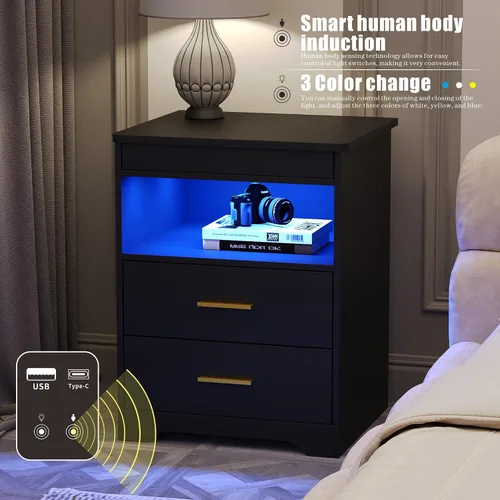 Miniatura 4 de Mesita de noche con cajón para armas, mesa de noche con carga y puerto USB y tipo C, mesita de noche LED con luz sensora humana, mesa auxiliar