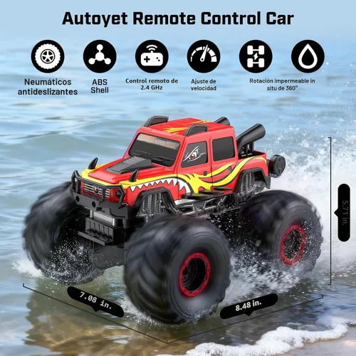 Miniatura 5 de WayEee Coche de juguete a control remoto para niños de 6 años en adelante, juguete de camión monstruo impermeable, camioneta anfibia 4 x 4, Rojo