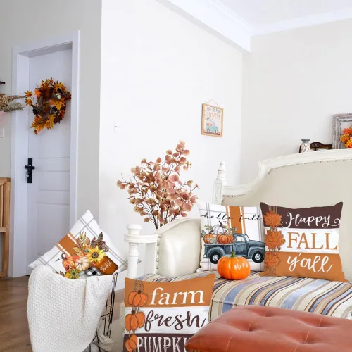 Miniatura 8 de GEEORY Juego de 4 fundas de almohada de otoño de 18 x 18 pulgadas, diseño de calabazas y tarros de masón, decoración agradecida, fundas de cojín