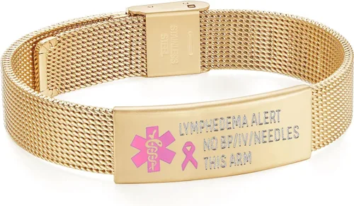 Miniatura 5 de Pulsera de alerta de linfedema, ajustable, malla de acero inoxidable, sin bp, sin agujas, para mujeres, pulseras médicas de emergencia para cáncer