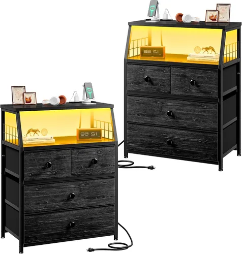 Miniatura 9 de EnHomee Mesita de noche negra de 21.8 pulgadas de ancho con estación de carga y luces LED, mesita de noche con 4 cajones de tela, mesa de noche