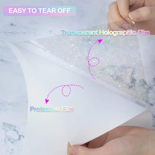 Miniatura 3 de 36 hojas de papel adhesivo holográfico transparente, láminas laminadas holográficas autoadhesivas, láminas laminadas de película con purpurina