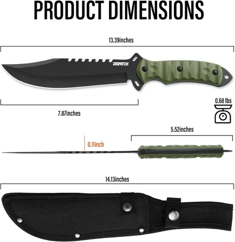 Miniatura 2 de Dispatch Cuchillo de caza de supervivencia con funda, cuchillo táctico Bowie de hoja fija de espiga completa de 13.5 pulgadas con parte trasera
