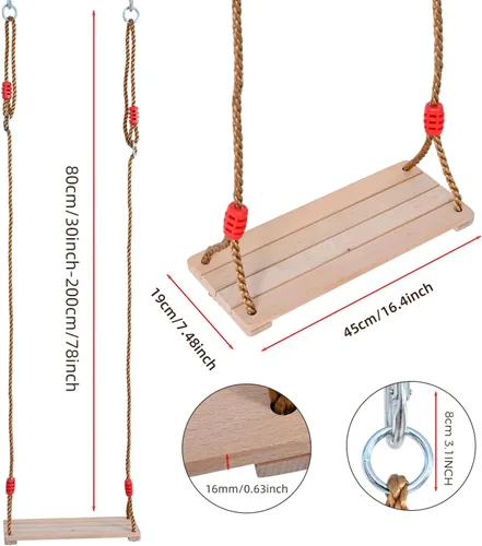 Miniatura 3 de Asiento de columpio de madera de haya maciza, juego de columpio de cuerda ajustable de 16.4 x 7.5 x 0.6 pulgadas, silla colgante resistente