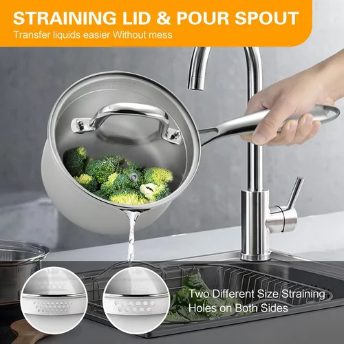 Miniatura 6 de Cacerola de acero inoxidable con tapa de vidrio templado, olla multiusos de 2.5 cuartos de galón, olla para verter fácilmente con mango ergonómico