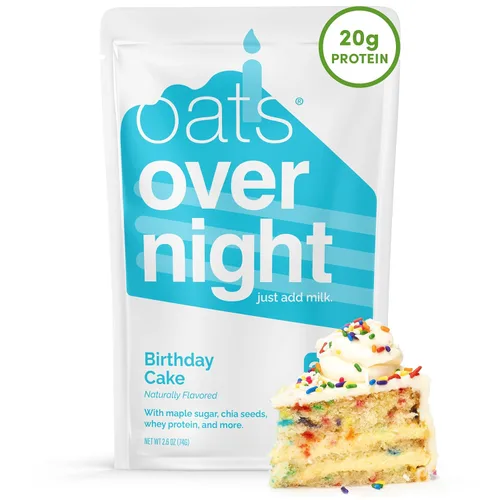Oats Overnight - Pastel de cumpleaños - Batido de desayuno de proteína de 0.71 oz - Sin gluten, 0.18 oz de fibra, avena sin OMG (2.7 oz por comida)
