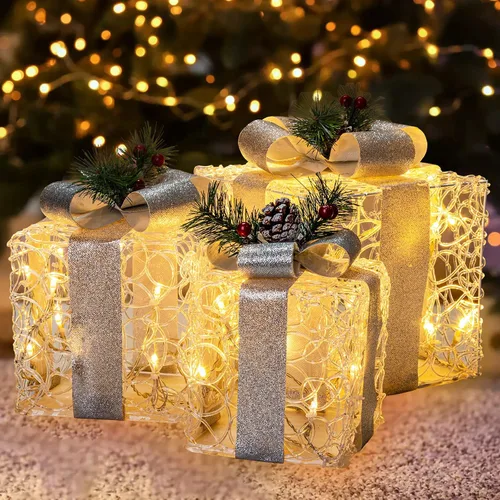 Miniatura 7 de PEIDUO Cajas de regalo iluminadas de Navidad, juego de 3, decoraciones de regalo al aire libre, paquetes debajo del árbol para interiores, fiestas