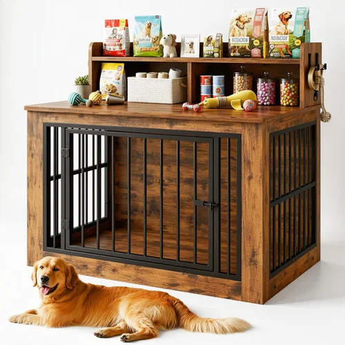 IRONCK Mueble de jaula extragrande para perros, jaula de madera de 43.3 pulgadas con almacenamiento y 4 ganchos, jaula resistente para perros Marrón