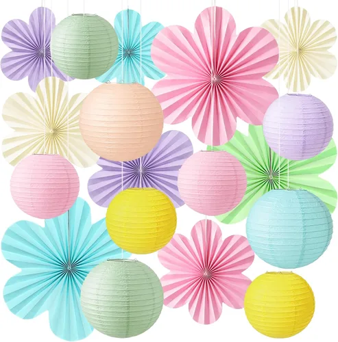 Peywot Decoración pastel para el aula, 18 abanicos de flores y faroles de papel para decoración de techo de aula, cumpleaños, baby shower y