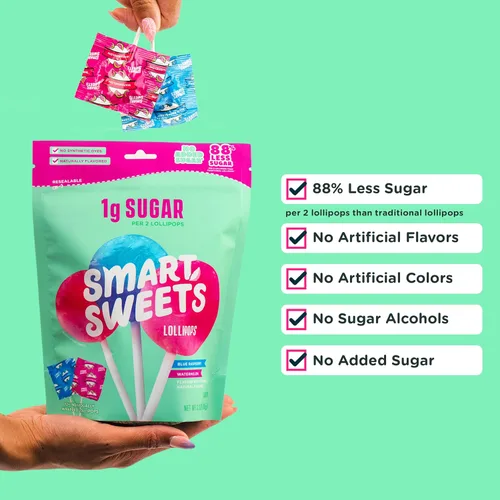 Miniatura 4 de SmartSweets Paletas, 3oz, sabor a frambuesa azul y sandía, caramelo duro con bajo contenido de azúcar (1g), bajo en calorías (40), sin edulcorantes