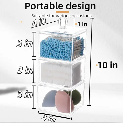 Miniatura 2 de Soporte cuadrado apilable de bolas de algodón acrílico, soporte para Q-tip Dispensador de hisopos de baño (paquete de 3)