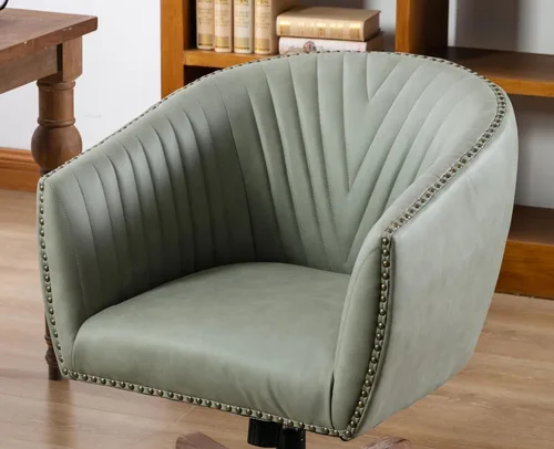 Miniatura 8 de Silla de escritorio de piel sintética verde, silla de escritorio tapizada giratoria con brazo ajustable con cabezas de clavos, cómoda silla