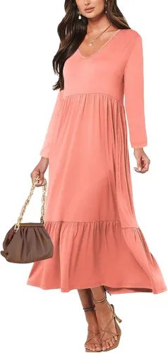 Paintcolors Vestido largo casual de manga larga con cuello en V para mujer, vestido escalonado, color sólido, holgado, con vuelo, vestido midi