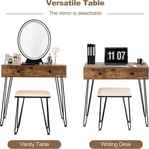 Miniatura 4 de KOTEK Juego de mesa de tocador con espejo iluminado, escritorio de maquillaje con taburete acolchado, espejo regulable de pantalla táctil de 3