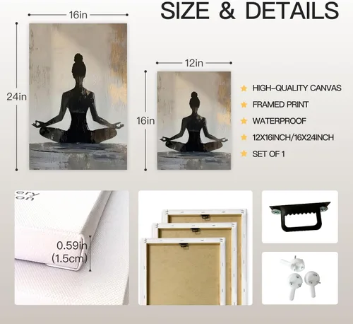 Miniatura 8 de GELDSTEI Arte de pared zen enmarcado, pintura moderna en lienzo de chica haciendo yoga, decoración de pared de meditación tranquila, imagen estética